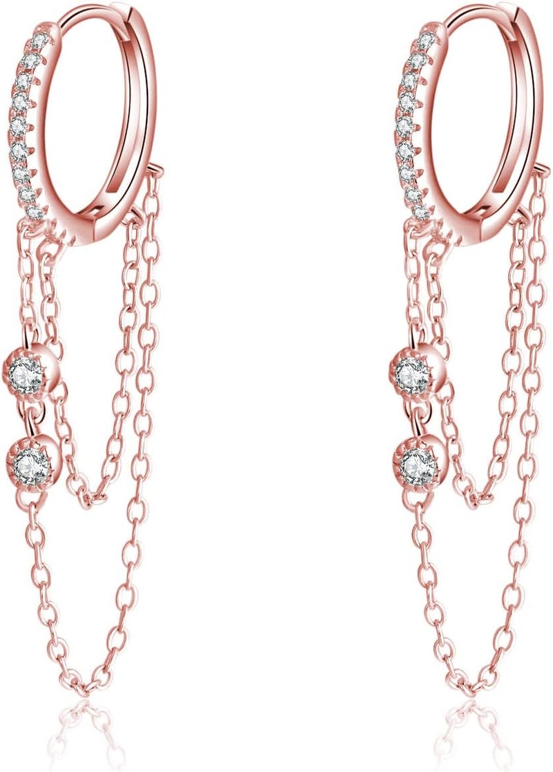 Reffeer 925 Sterling Silver Chain Drop Earrings Hoop for Women Teens CZ Hoop Chain Earrings Dangle - Image 1